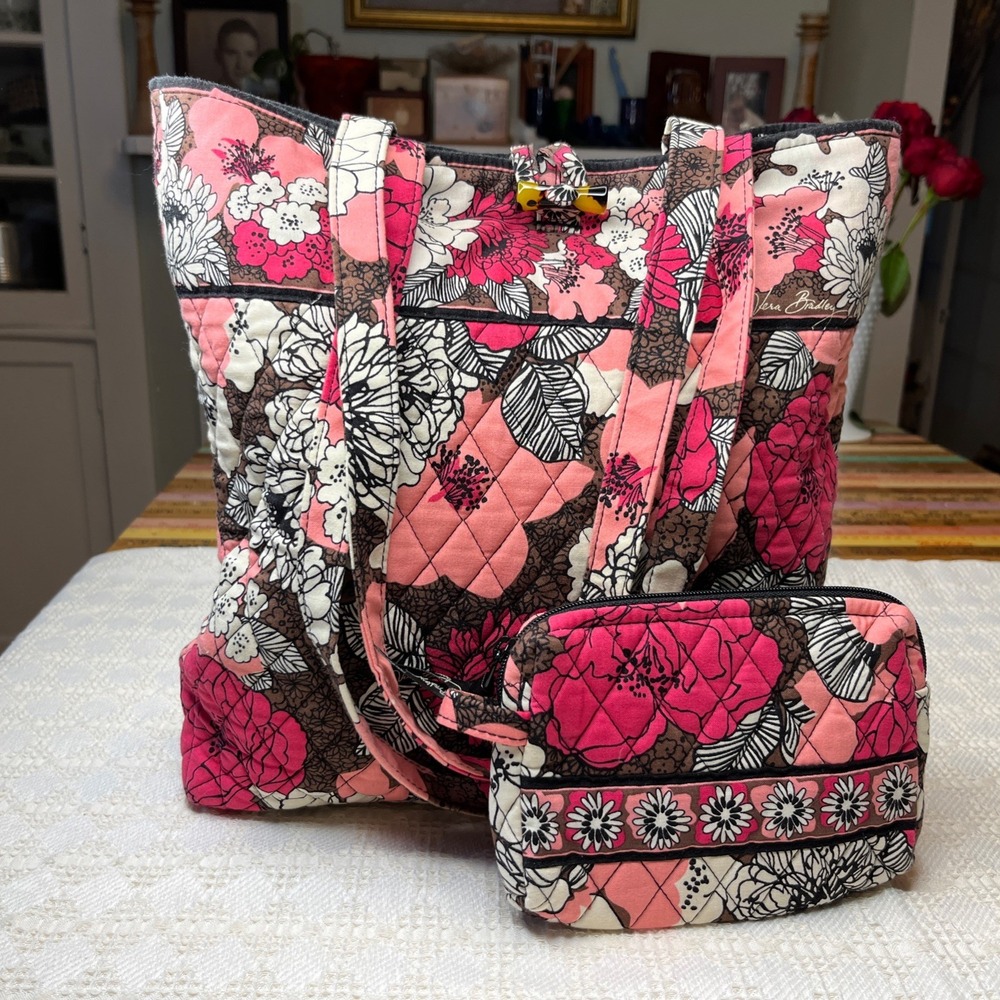 Vera Bradley Retired Mocha Rouge Shoulder Tote Matching Zip Pouch Overnight Bag